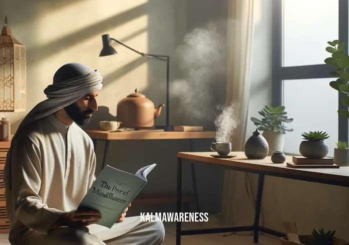 the power of mindfulness magazine _ A serene home office, bathed in soft morning light. A person of Middle-Eastern descent, in comfortable attire, sits cross-legged on a cushion, deeply engrossed in reading 