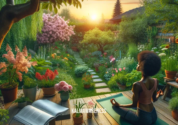 the power of mindfulness magazine _ A lush, tranquil garden at sunset. A Black woman, dressed in relaxed yoga attire, practices mindful breathing exercises. She