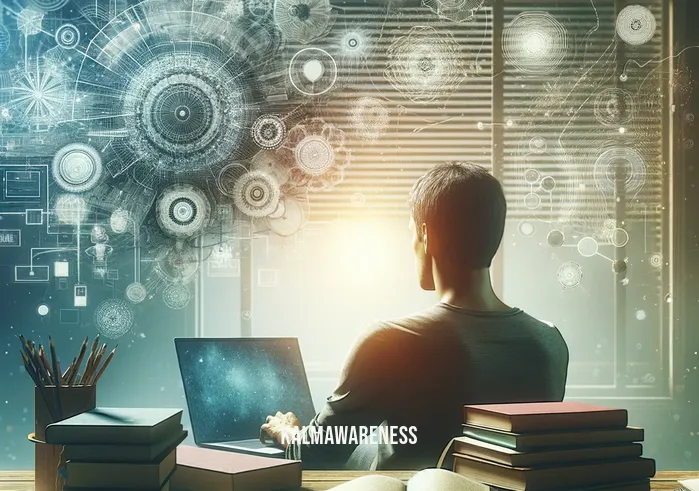 thinking vs doing _ A person sitting at a desk surrounded by books and a laptop, deep in thought with a look of concentration. The scene is calm and quiet, illustrating the phase of contemplation and planning, with notes and mind maps spread out on the desk, symbolizing the 