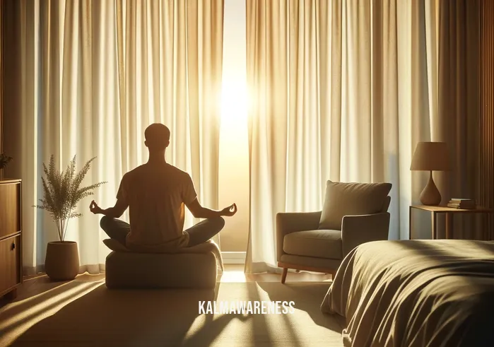 time to pause _ A peaceful bedroom setting at dawn, with soft morning light filtering through sheer curtains. In the center, a person, possibly in their late thirties, is seated in a comfortable armchair, practicing meditation. The room is minimally furnished, promoting a sense of calm and simplicity. This image encapsulates the essence of finding inner peace and taking time to pause in the midst of life