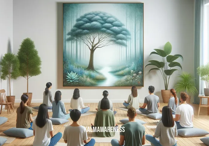 which of the following statements about mindfulness is true? _ A serene classroom setting where a diverse group of individuals are sitting in a circle on comfortable floor cushions. Each person, exhibiting calm and focused expressions, is practicing deep breathing exercises. The room is softly lit, and a large, tranquil nature painting adorns the wall, enhancing the peaceful atmosphere. This image symbolizes the first step in understanding mindfulness: the practice of calming the mind and focusing on the present moment.