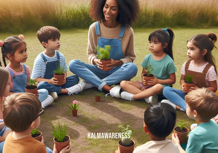 mindful littles _ In the first image, a group of young children sit in a circle on a grassy field, each holding a small potted plant. They are attentively listening to a teacher, who is demonstrating mindfulness through gardening. The teacher, a smiling woman, shows them how to gently care for their plants. The children, diverse in their ethnicities, are dressed in casual, colorful clothes and are engaged in the activity, with expressions of curiosity and calmness on their faces. The scene is peaceful, with a clear blue sky and a few fluffy clouds overhead.