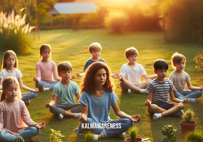 mindful littles _ The second image depicts the same group of children, now with their eyes closed and sitting cross-legged in a peaceful meditation pose. They are in the same grassy field, surrounded by their potted plants, which they have carefully placed in front of them. The teacher, sitting in the center, leads them in a guided mindfulness exercise. The children