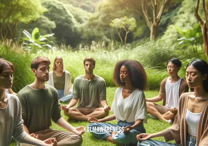 mindfulness circle _ A group of diverse individuals sitting cross-legged in a peaceful outdoor setting, surrounded by lush greenery. Each person, displaying a serene expression, is engaged in deep breathing exercises, with their eyes closed and hands resting on their knees. The atmosphere is calm and tranquil, embodying the essence of mindfulness and inner peace.