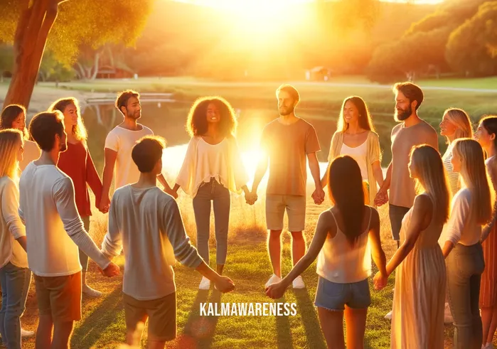 mindfulness circle _ A circle of people, of various backgrounds, standing and holding hands in a scenic park at sunset. The golden sunlight casts a warm glow on their smiling faces, reflecting a sense of community and connectedness. They are practicing mindfulness by sharing positive affirmations and supporting each other in a serene environment.