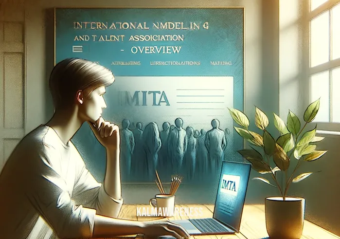 is imta worth it _ A person sitting at a desk, looking thoughtfully at a laptop screen which displays a webpage titled "International Modeling and Talent Association (IMTA) - Overview". The room is bright and clean, with a potted plant on the windowsill and a cup of coffee on the desk.