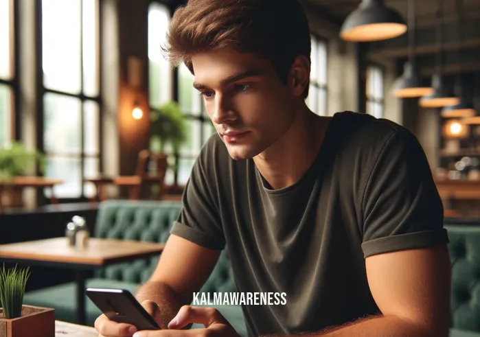 picture of someone listening _ A young man with short brown hair, wearing a dark green t-shirt, sits at a wooden table in a cozy coffee shop, intently listening to a podcast on his smartphone. His expression is one of deep concentration, with his elbow resting on the table and his hand supporting his chin. The coffee shop has a warm ambiance, with light filtering through large windows and plants decorating the space.