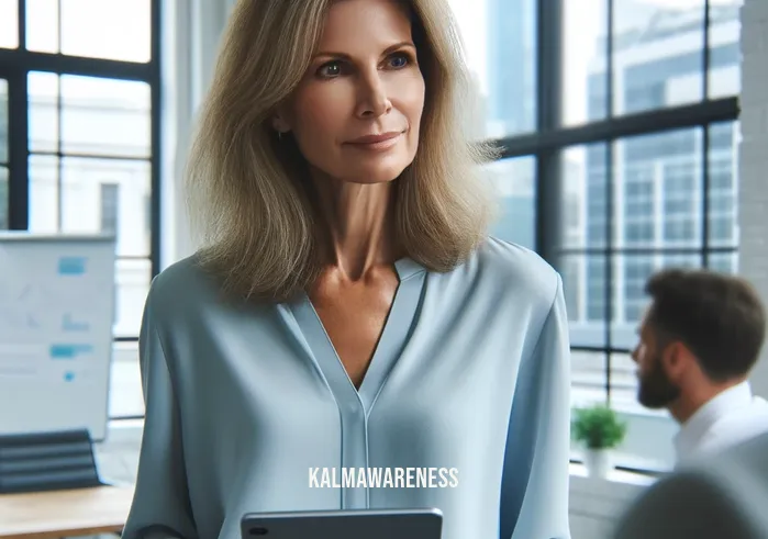 picture of someone listening _ A middle-aged woman with shoulder-length blonde hair, wearing a light blue blouse, stands in a modern office, listening attentively to her colleague who is out of frame. She nods thoughtfully, holding a digital tablet in one hand. The office background shows a whiteboard with colorful markers and a large window offering a view of the city skyline.