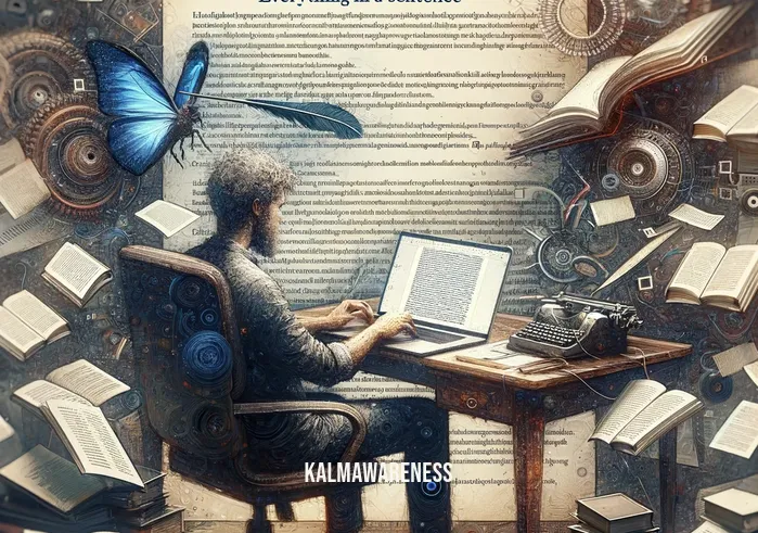 everything in a sentence _ A person sitting at a desk, surrounded by stacks of books and papers, typing intently on a laptop. The screen displays a document titled "Everything in a Sentence", with a single, long sentence that seems to contain multiple ideas and themes, weaving together philosophy, science, and personal reflection.