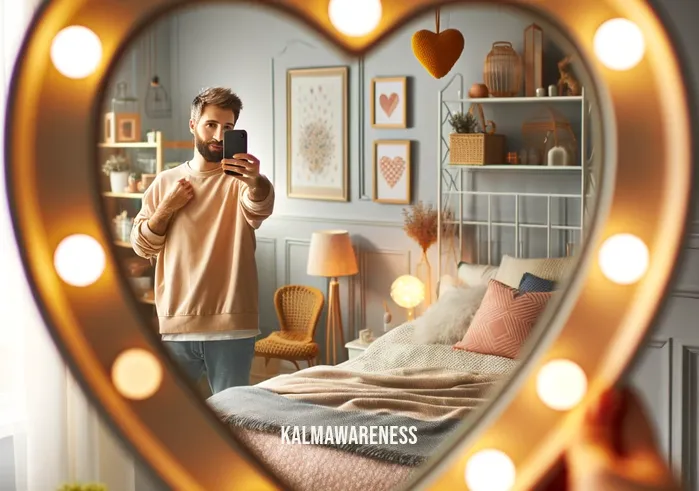 five below heart mirror _ In the second image, the same individual is seen taking a selfie in the heart-shaped mirror. The room