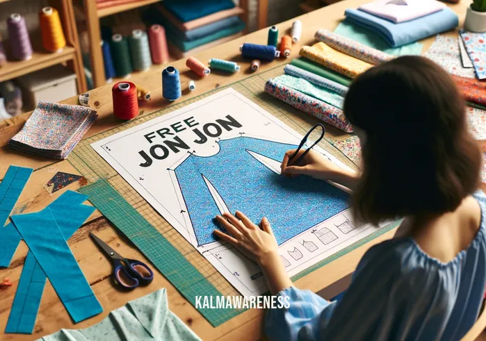 free jon jon pattern _ A person sitting at a sewing table, surrounded by colorful fabric and sewing materials, is intently studying a printed "free jon jon pattern" laid out before them. The pattern pieces are neatly arranged, and the individual, displaying a look of concentration, is beginning to cut a bright blue fabric following the pattern lines.A cheerful scene in a well-lit sewing room where the same person is now sewing the cut fabric pieces on a sewing machine. The nearly completed jon jon garment, in vibrant blue with playful yellow buttons, is taking shape under the skilled hands of the sewer, who looks satisfied with their progress.