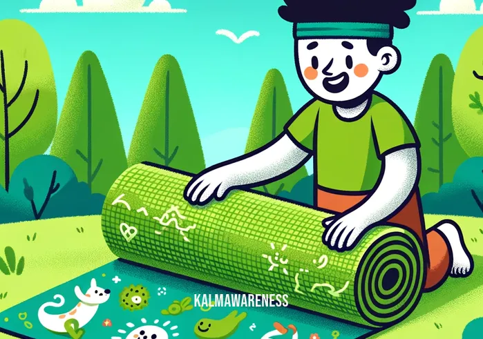 funny yoga mat _ A cartoon-style image of a person unrolling a bright green yoga mat with playful cartoon animal characters on it. The mat is in a park setting with trees and a blue sky in the background. The person is smiling, wearing comfortable yoga attire, and appears excited to begin their yoga session.A vibrant image of the same person from the first image now practicing yoga on the mat. They are in a tree pose, balancing on one leg with the other leg bent and foot resting on the thigh, arms extended upwards. The cartoon animals on the mat seem to mimic the yoga pose, adding a humorous touch to the scene. The surrounding park is peaceful, with birds in the sky and a gentle sun.