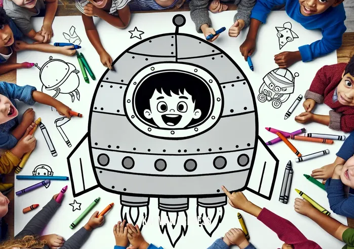 little einstein coloring pages _ A group of cheerful cartoon children gathered around a large, blank coloring page featuring a simplified version of the spaceship from "Little Einsteins". They hold crayons and look excited to start coloring, with one child pointing at the spaceship excitedly, suggesting a color.