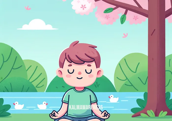 meditating cartoon _ A cartoon character in a peaceful garden, sitting cross-legged on a green mat under a cherry blossom tree. The character, with a gentle smile, has their eyes closed and hands resting on knees, symbolizing the beginning of a meditation session. The background shows a serene pond with ducks and a clear blue sky.