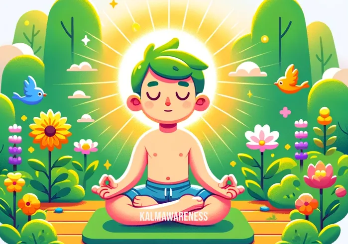 meditating cartoon _ A continuation of the meditation scene, where the same cartoon character is now surrounded by a soft glow, indicating a deeper state of meditation. The garden around them appears more vibrant, with flowers blooming and birds chirping harmoniously, symbolizing the character