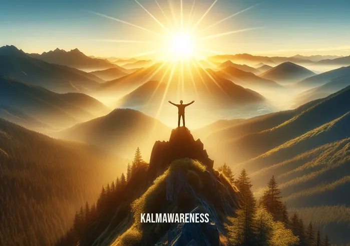 meditation pictures nature _ A mountain summit during sunrise, offering a panoramic view of a forested valley below. The same individual from the first image stands atop the peak, arms raised in a stretching pose, facing the rising sun. Their expression is one of rejuvenation and peace. The early morning light casts a golden glow over the landscape, symbolizing enlightenment and the awakening of nature.