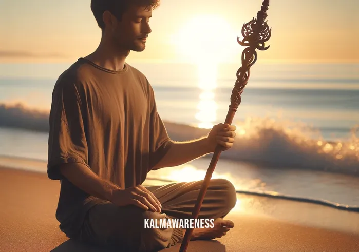 meditation stick _ A person of indeterminate descent sitting cross-legged on a serene beach at sunrise, gently holding a slender, ornate wooden stick. They appear peaceful and focused, with their eyes closed and a soft smile. The early morning light casts a warm glow on the scene, highlighting the gentle waves in the background and the meditation stick