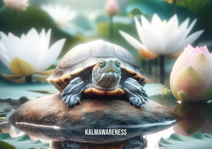 meditation turtle _ A serene turtle sitting peacefully on a rock in the middle of a calm pond, surrounded by blooming lotus flowers. Its eyes are gently closed, and a soft, harmonious aura seems to radiate from it, creating an atmosphere of tranquility and deep meditation.