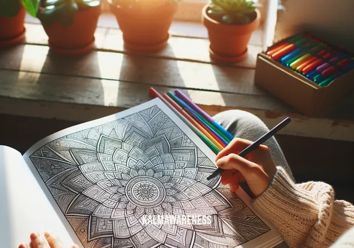 meditative designs coloring book _ A person sitting peacefully in a sunlit room, engrossed in coloring a complex, geometric pattern from a "meditative designs coloring book". The design features intricate mandalas and floral motifs, and the individual, showing a relaxed expression, carefully fills in the details with a set of colorful markers.