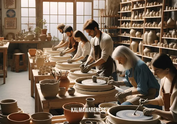 mindful art activities for adults _ An indoor art studio where adults are engaged in pottery making. The room is filled with natural light, and each person is at a pottery wheel, shaping clay with concentration and care. Shelves in the background display various completed pottery pieces, showcasing a range of colors and styles.