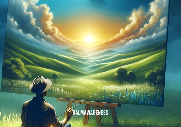 mindful art activities _ A person sitting cross-legged on a grassy lawn, surrounded by nature, deeply engaged in painting a canvas with a brush. The canvas captures a serene landscape with gentle hills and a rising sun, symbolizing mindfulness and creativity in art.