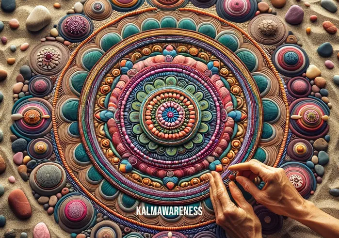 mindful art activities _ A close-up of hands intricately arranging colorful stones and pebbles on a sandy surface to create a mandala pattern. The mandala, with its symmetrical design and vibrant colors, represents a focused and meditative approach to art, embodying mindfulness and inner peace.