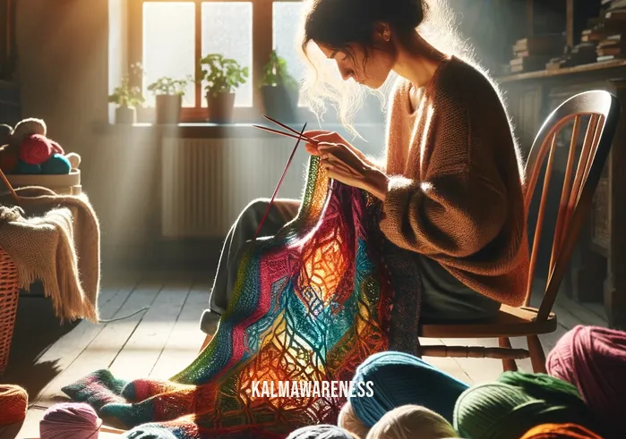 mindful crafts _ A person sitting peacefully in a sunlit room, surrounded by an array of colorful yarns and knitting needles. They are deeply focused on knitting a vibrant, multi-colored scarf, the intricate pattern showcasing their skill and mindfulness in the craft.A close-up of a pair of hands, gently holding a small, freshly painted ceramic bowl. The bowl, painted with delicate floral patterns in soft pastels, is being placed on a wooden shelf among other handcrafted ceramics, reflecting a sense of accomplishment and serenity in mindful crafting.