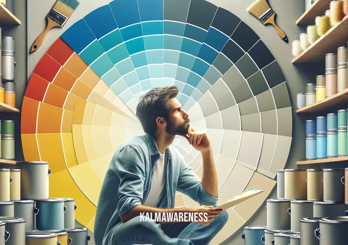 mindful gray complementary colors _ A person in a paint store, selecting cans of paint in shades complementary to mindful gray, such as soft yellow and pale blue. They are consulting a color wheel and seem thoughtful, considering how these colors will harmonize in a room.