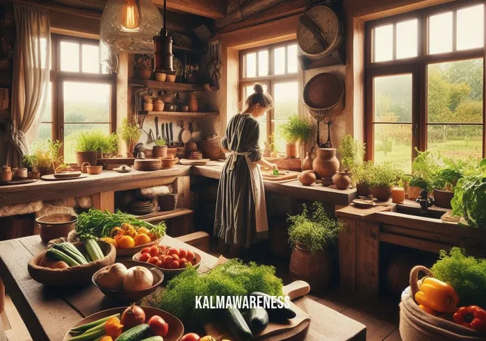 the mindful homestead _ A cozy interior of a rustic homestead kitchen, where a person of Hispanic descent is preparing a fresh meal with vegetables from the garden. The kitchen is filled with natural materials like wood and stone, and a large window shows the garden outside, symbolizing a connection between home and nature.