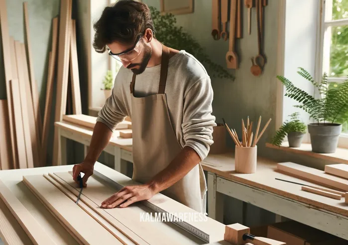 mindful makings _ A serene, softly-lit workshop where a person with a gentle expression, immersed in deep concentration, carefully measures and cuts a piece of sustainable, light-colored wood. The scene exudes a sense of calm and mindfulness, with organized tools on a neat workbench and a few potted plants adding a touch of greenery to the space. The person is wearing a light apron and safety glasses, and the room has large windows allowing natural light to pour in, highlighting the simplicity and focus of the task.