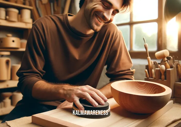 mindful makings _ A bright, cozy corner in the same workshop, where the same person, now smiling contentedly, is seen sanding the smoothly cut wooden piece. The workbench is tidy, with woodworking tools arranged neatly, and a finished, beautifully handcrafted wooden bowl sits nearby, exemplifying the results of mindful craftsmanship. The warm glow of the room suggests late afternoon, and the person