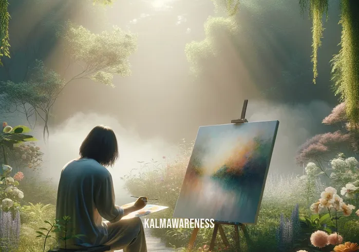 mindful painting activities _ A person sitting peacefully in a sunlit garden, surrounded by lush greenery and flowers, focused intently on painting a canvas. The canvas shows an abstract blend of soothing colors, reflecting the tranquility of the scene. The painter, a young adult with medium-length black hair, wears a serene expression, fully absorbed in the act of creating art, embodying mindfulness and creativity.