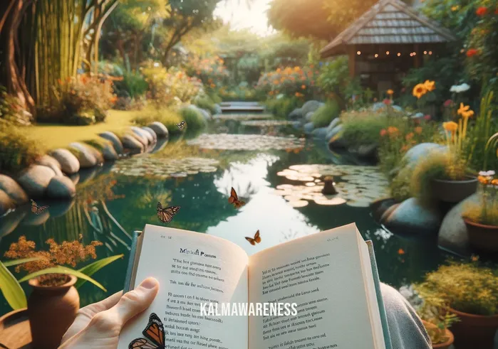 mindful poem by mary oliver _ A hand holding an open book in a peaceful garden setting, with the title "Mindful Poems by Mary Oliver" visible on the page. The garden is in full bloom, with butterflies fluttering around, and a small, tranquil pond in the background, reflecting the sky. This image captures the contemplative joy of reading Oliver