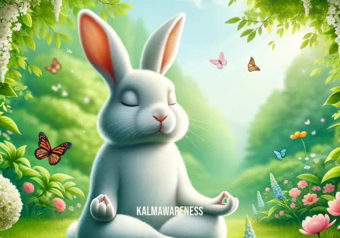 mindful rabbit _ A serene rabbit sitting in a lush green garden, meditating with closed eyes. Its posture is calm and composed, surrounded by blooming flowers and butterflies, creating a tranquil and peaceful scene.