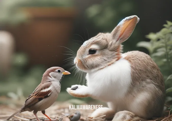 mindful rabbit _ A rabbit gently interacting with a small bird in the same garden. The rabbit shows a gesture of kindness, offering a seed to the bird from its paw, illustrating a moment of mindfulness and connection with nature.