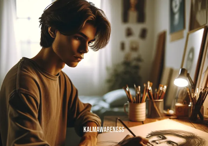 monologue pictures _ A young artist, with an introspective expression, sits at a wooden desk in a softly lit room, sketching a self-portrait. The room is cozy, filled with art supplies and inspirational posters, evoking a sense of creative solitude. The artist