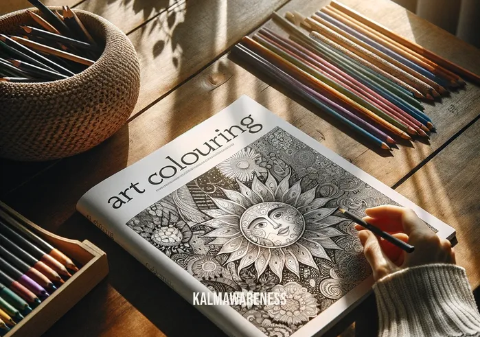 relax with art colouring magazine _ A person sitting at a cozy home desk, gently turning the pages of an "Art Colouring Magazine". The magazine is full of intricate black and white drawings awaiting color. Sunlight filters through a nearby window, casting a warm glow on the scene. A set of colored pencils and markers are neatly arranged beside the magazine, hinting at the beginning of a relaxing coloring session.