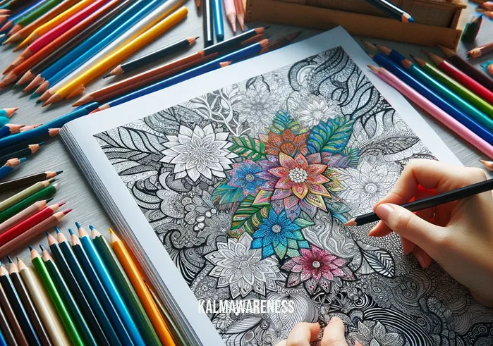 relax with art colouring magazine _ A second image showing the same person now deeply engaged in coloring a complex floral pattern from the magazine. The table is now filled with vibrant colored pencils and markers scattered around, some even rolling off the edge. The magazine page is halfway colored, with a blend of blues, greens, and yellows, showing a progression in the relaxing art activity.