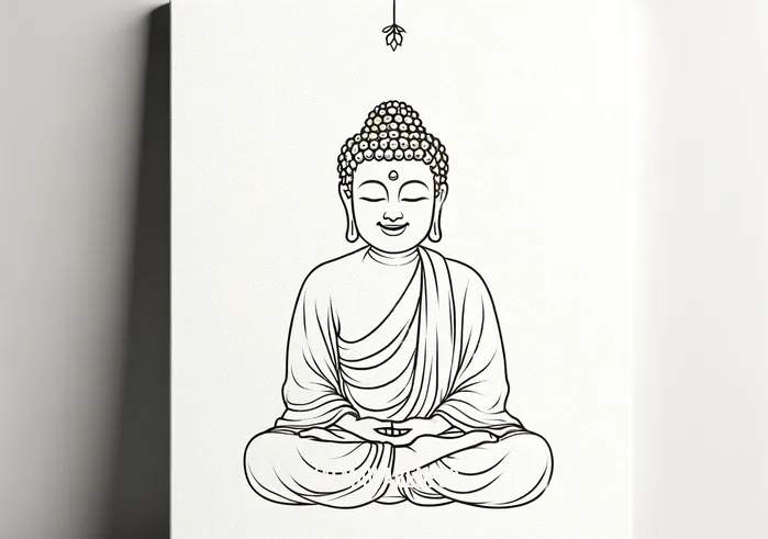 simple buddha drawing happy _ A simple, happy Buddha drawing is sketched on a blank canvas. The lines are clean and minimalistic, creating a serene image of the Buddha sitting in a meditative pose with a gentle smile on his face. The background is plain, highlighting the peaceful expression of the Buddha.