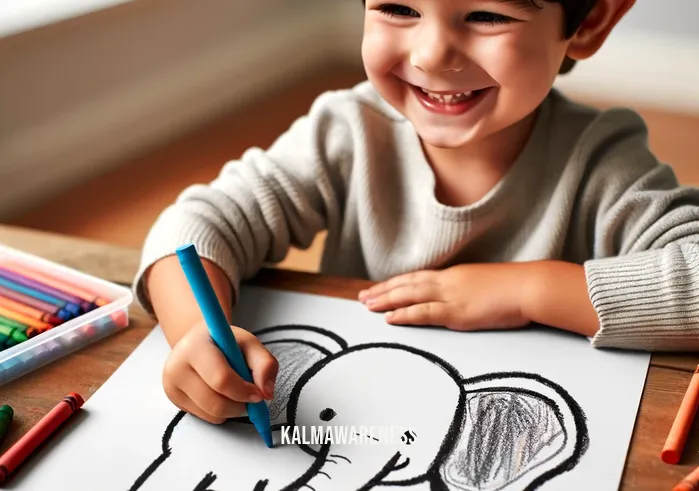 simple elephant outline _ A child sitting at a table, smiling as they draw a simple outline of an elephant with a large crayon. The drawing is basic yet recognizable, featuring the elephant