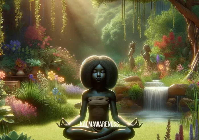 spiritual black girl meditation art _ A Black girl sitting in a tranquil garden, surrounded by lush greenery and blooming flowers. She is in a classic meditation pose, eyes closed, with a serene expression. Sunlight gently filters through the trees, casting a warm, peaceful glow on her. In the background, a small waterfall creates a soothing sound, enhancing the meditative atmosphere. This image represents the beginning of a spiritual meditation journey, focusing on inner peace and connection with nature.