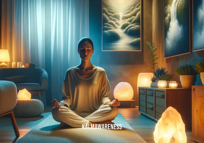 best shifting guided meditation _ A serene meditation room with soft, ambient lighting. In the center, a person sits cross-legged on a comfortable cushion, eyes gently closed, hands resting on their knees. Surrounding them are various meditation aids: a softly glowing salt lamp, a small, tranquil water fountain, and a series of peaceful nature paintings on the walls. The atmosphere is one of complete relaxation, initiating the first step of a guided meditation session.