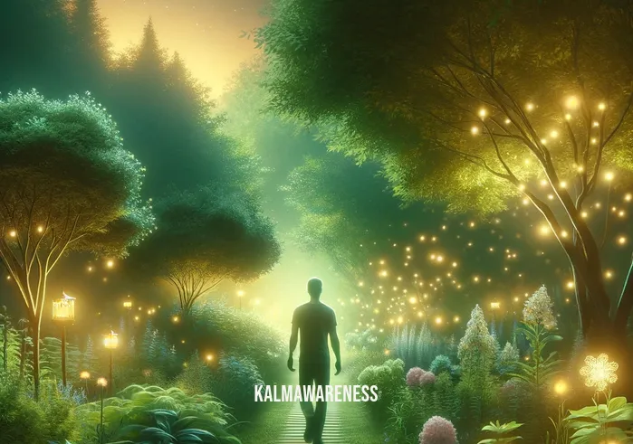 best shifting guided meditation _ A lush, green garden at twilight, filled with the soothing sounds of nature. The same person from the first image is now walking slowly through a path lined with fragrant flowers and small, twinkling lights. They appear deeply absorbed in their surroundings, symbolizing the progression of their meditation journey. The garden exudes a magical, calming aura, perfect for deep contemplation and mental shifting.