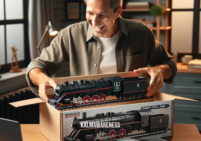 remote control trains for adults _ A middle-aged man in a home office, smiling with excitement, as he unpacks a sleek, modern remote control train set from a box. The train is detailed and realistic, with a glossy black engine and red accents, reminiscent of classic locomotives. On his desk, a laptop is open to a webpage with the title "Remote Control Trains for Adults - Getting Started Guide."A group of adults gathered around a large, intricately designed model train layout in a well-lit room. They are using various remote controls to navigate different trains along the tracks. The trains, detailed and scale-models of real locomotives, maneuver through miniature landscapes featuring hills, tunnels, and stations, with evident joy and fascination on the faces of the participants.