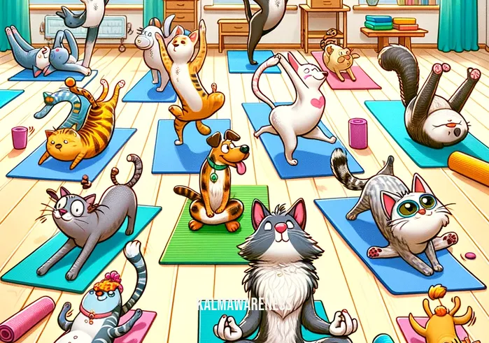 funny meditation _ A cartoon image depicting a group of animals in a yoga class. The scene is colorful and light-hearted, with a variety of animals like cats, dogs, and birds, each attempting different yoga poses with humorous expressions. Some animals are tangled in their poses, while others are relaxed. The setting is a bright, cheerful room with yoga mats and a tranquil atmosphere. This image represents the initial step of a funny meditation series, where animals comically try to master yoga poses.