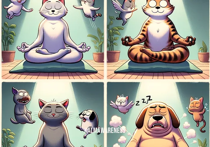 funny meditation _ A continuation of the funny meditation series, this cartoon image shows the same group of animals now sitting in meditation poses, with exaggerated expressions of tranquility and peace. One cat is shown with a blissful smile, levitating slightly above its cushion, while a dog nearby is snoring loudly, fast asleep. The room is decorated with peaceful decor, like plants and soft lighting, adding to the humorous contrast between meditation and the animals