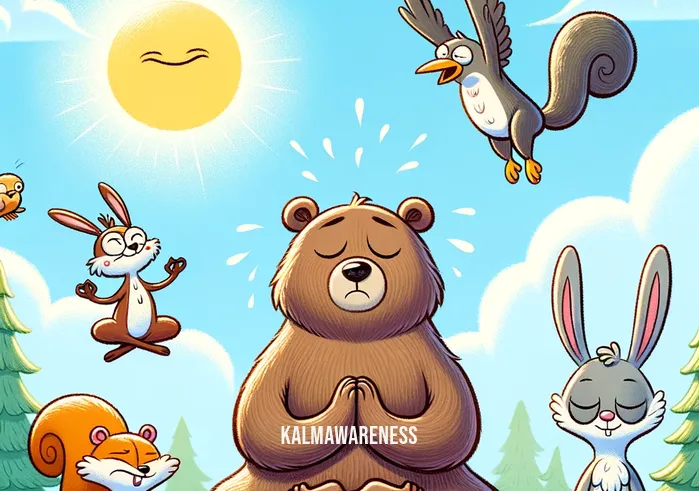 funny mindfulness _ A cartoon illustration depicting a group of various animals sitting in a circle, each with a humorous expression, practicing meditation. The scene is set in a peaceful meadow, with a clear blue sky and fluffy white clouds overhead. A bear is seen in the center, struggling to cross its legs, while a squirrel next to it is trying to suppress a giggle. A rabbit to the left is sitting serenely with its eyes closed, while a bird on the right seems to be floating in mid-air, lost in meditation. The image conveys a sense of fun and lightheartedness, emphasizing the joy in mindfulness practices.