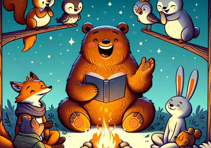 funny mindfulness _ A follow-up cartoon scene showing the same group of animals sharing their meditation experiences around a campfire. The atmosphere is warm and friendly, with the animals animatedly chatting and laughing under a starry night sky. The bear is now telling a funny story, gesturing wildly, causing the squirrel to laugh heartily. The bird is perched on a branch, looking amused, while the rabbit listens intently, a smile on its face. This scene encapsulates the communal joy and bonding that can come from shared mindfulness experiences.