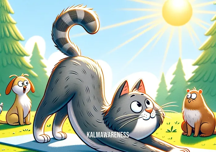 yoga funny pictures _ A cartoon image of a cat attempting a yoga pose on a mat in a sunny park. The cat, with a humorous expression of concentration, is awkwardly positioned in an attempt at the 