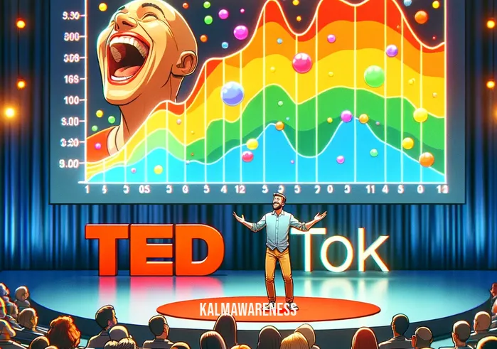 ted talk joy _ A speaker stands on a TED Talk stage, enthusiastically gesturing towards a large screen displaying a colorful graph titled "The Science of Joy". The audience, a diverse group of people sitting in semi-circular rows, watches intently, some nodding in agreement. The stage is well-lit, fostering a warm and engaging atmosphere.